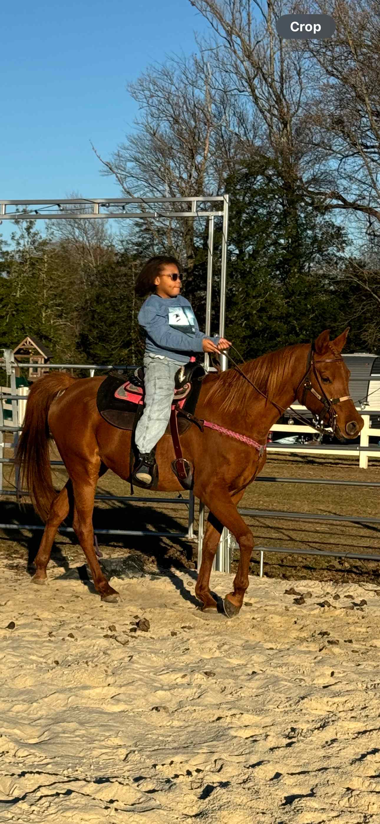 Young girl confidently riding a horse at Universal Skyline